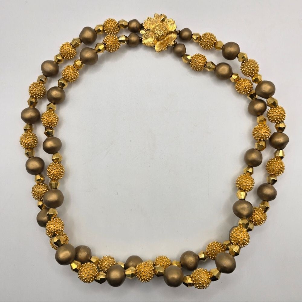 Vintage Art Deco Style Yellow Gold tone Double Stranded Floral Design Neclace
